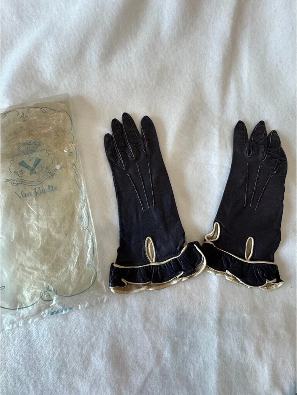 Vintage Black Leather Gloves with Ruffle Trim and Cream Piping, Size Approx. 6